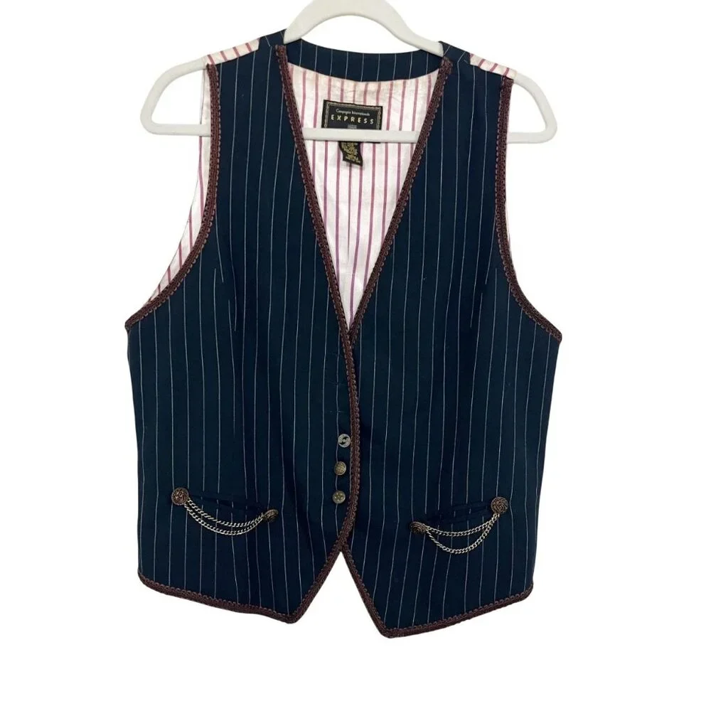 Vintage Express Navy Pin Striped‎ Vest Dark Academia Steampunk Dandy Y2K LARGE